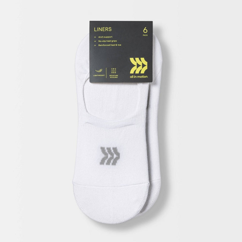 Women's Lightweight 6pk Liner Athletic Socks - All in Motion - White 4-10