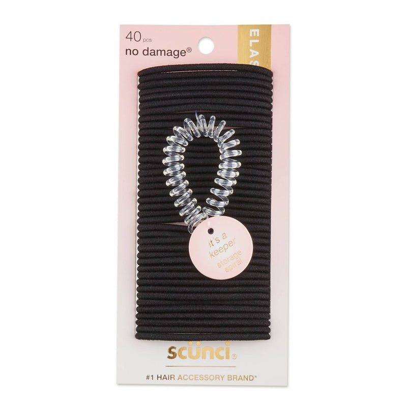 scunci No Damage Elastic Hair Ties with Bonus Ring Holder - Black - 4mm/40ct