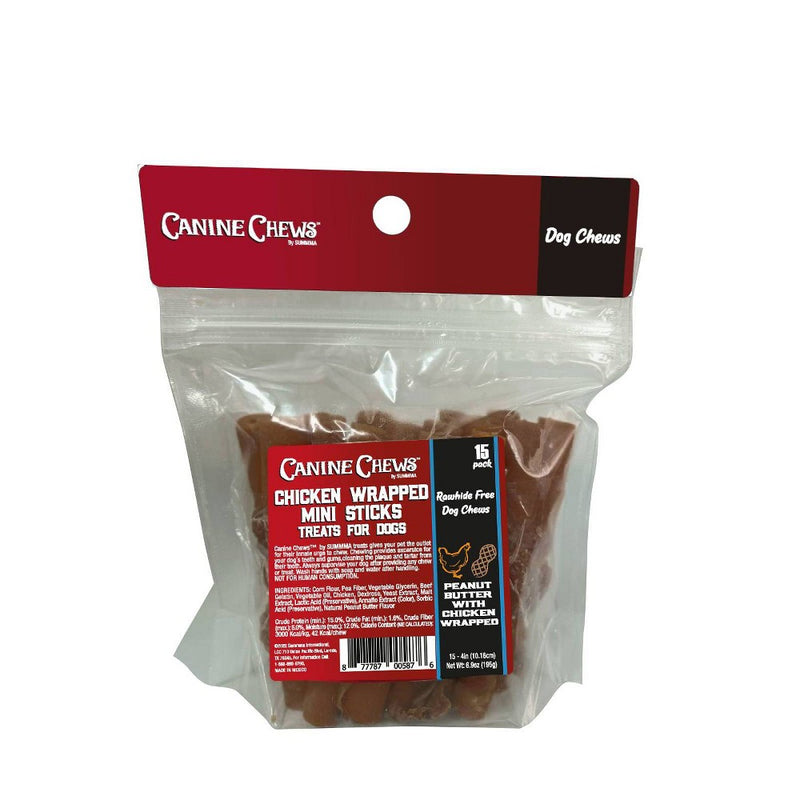 Canine Chews Hollow Stick Wrapped with Chicken in the Middle Peanut Butter Flavor Rawhide Free Chewy Dog Treats - 4" - 15pk/6.9oz
