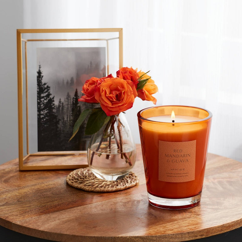 12oz Colored Vase Glass with Dustcover Mandarin & Guava Candle Orange - Threshold