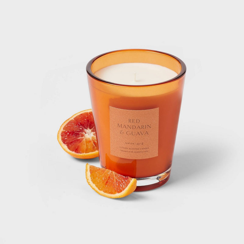 12oz Colored Vase Glass with Dustcover Mandarin & Guava Candle Orange - Threshold