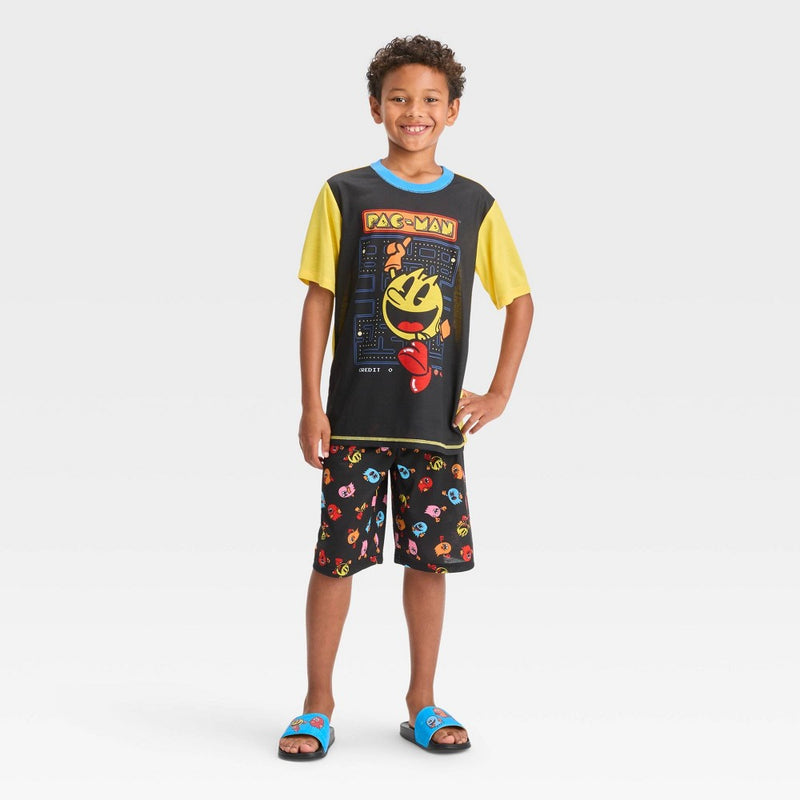 Boys' Pac-Man 2pc Short Sleeve Pajama Set with Slide Sandals - Black 10-12
