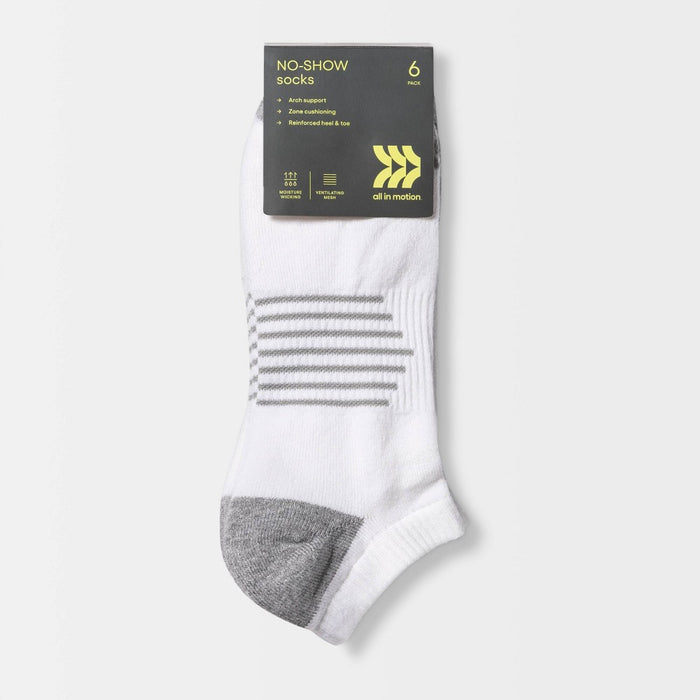 Men's Striped Arch No Show Socks 6pk - All in Motion White 6-12
