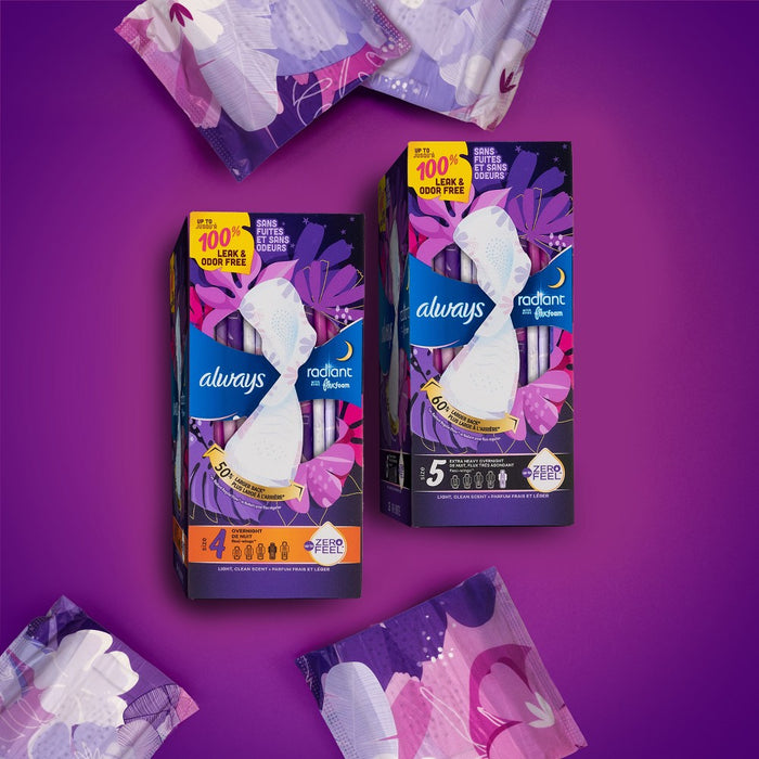 Always Radiant Extra Heavy Absorbency Overnight Sanitary Pads with Wings - Scented - Size 5 - 26ct