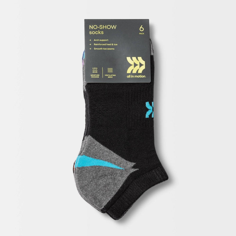 Women's Cushioned Active Accents 6pk No Show Athletic Socks - All in Motion - Black 4-10