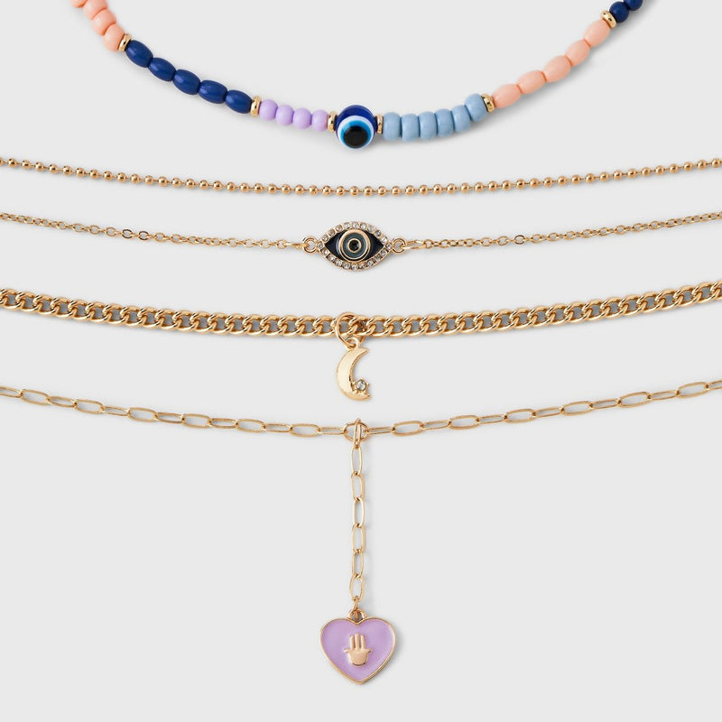 Girls' 5pk Mixed Choker and Layered Necklace Set with Moon and Eye Charms - art class