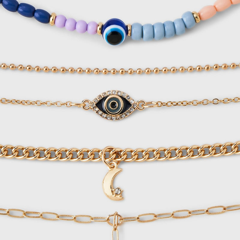 Girls' 5pk Mixed Choker and Layered Necklace Set with Moon and Eye Charms - art class