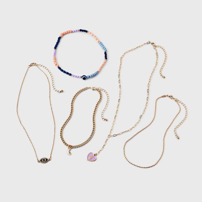 Girls' 5pk Mixed Choker and Layered Necklace Set with Moon and Eye Charms - art class
