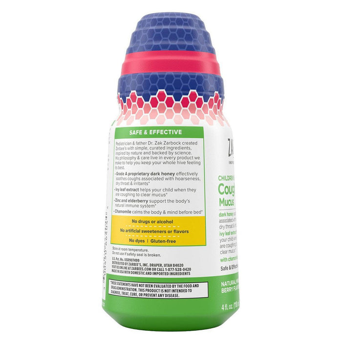 Zarbee's Kids Cough + Mucus Nighttime with Honey, Ivy leaf, Zinc & Elderberry - Mixed Berry - 4 fl oz