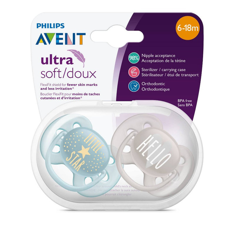 Philips Avent 2pk Ultra Soft Pacifier 6-18 Months - Little Star/Hello Designs