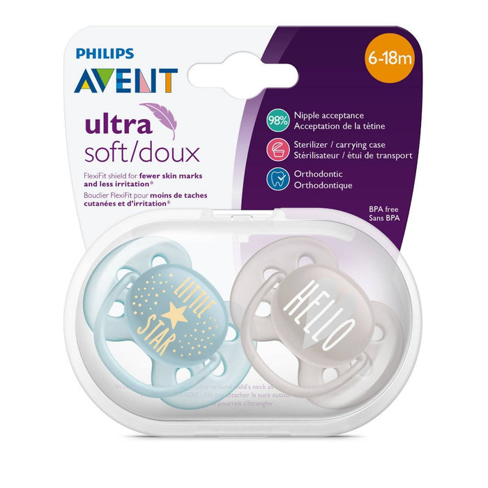 Philips Avent 2pk Ultra Soft Pacifier 6-18 Months - Little Star/Hello Designs