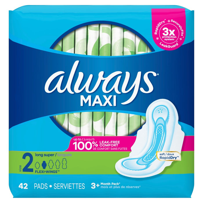 Always Maxi Pads Long Super Absorbency Unscented with Wings - Size 2 - 42ct