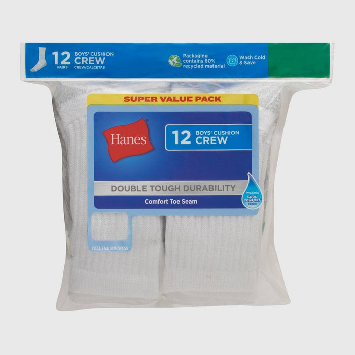 Hanes Boys' 12pk Cushioned Crew Athletic Socks - White L