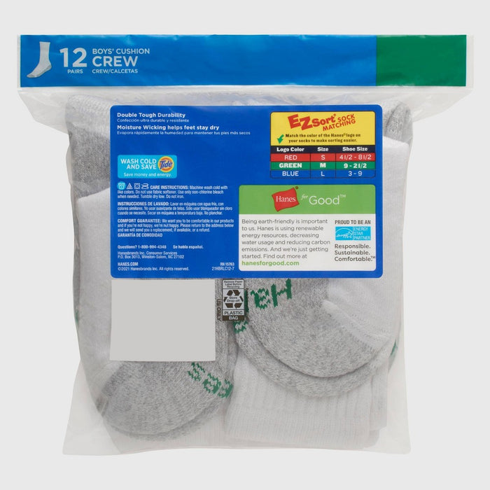 Hanes Boys' 12pk Cushioned Crew Athletic Socks - White L
