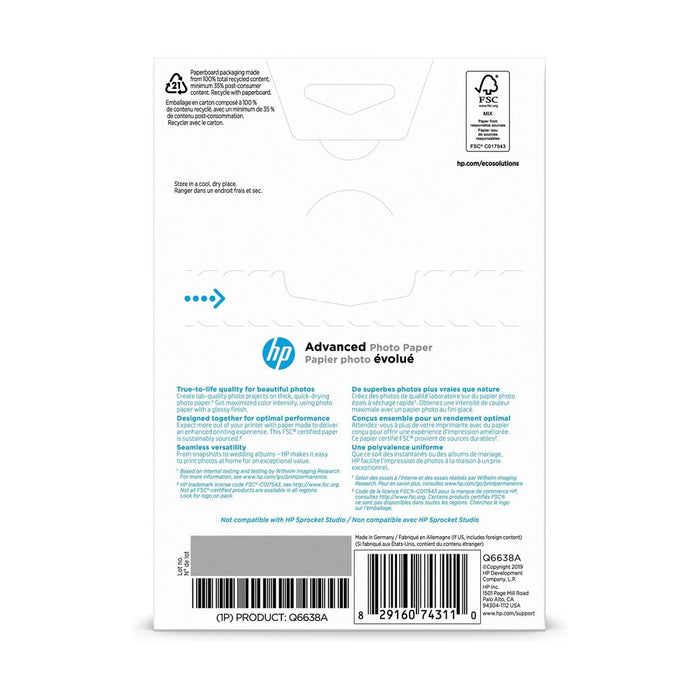 HP 4x6 100ct Advanced Glossy Photo Paper - Q6638A