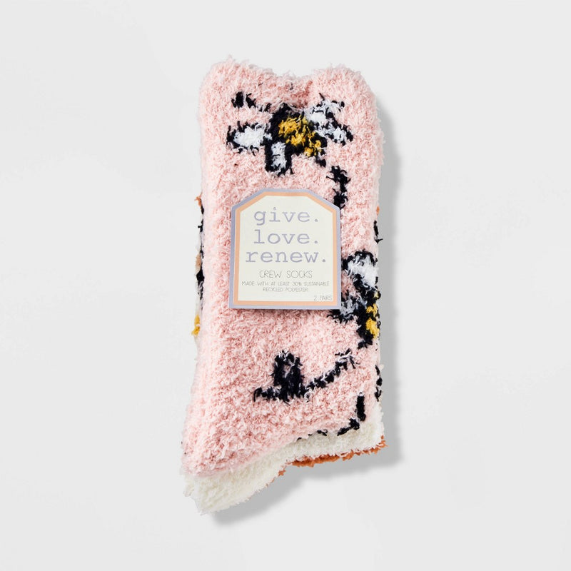 Women's Bee 2pk Cozy Crews Socks - Peach/Ivory 4-10