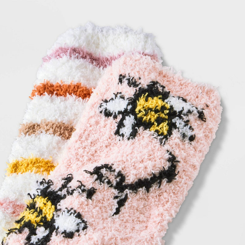 Women's Bee 2pk Cozy Crews Socks - Peach/Ivory 4-10