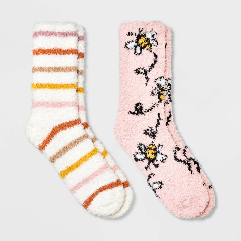 Women's Bee 2pk Cozy Crews Socks - Peach/Ivory 4-10