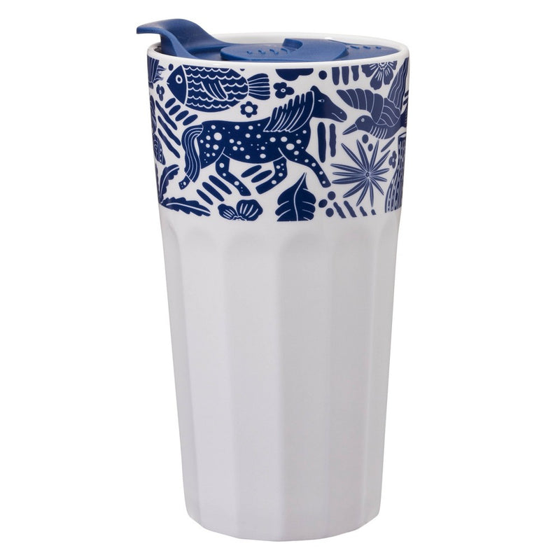 Navy 12oz Double Wall Faceted Tumbler with Plastic Lid and Upper Rim Decal Ivory Latino Heritage Month