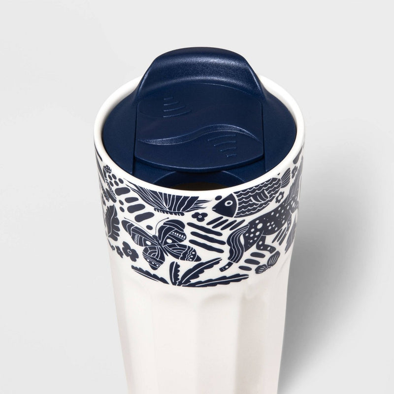 Navy 12oz Double Wall Faceted Tumbler with Plastic Lid and Upper Rim Decal Ivory Latino Heritage Month