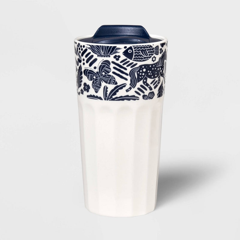 Navy 12oz Double Wall Faceted Tumbler with Plastic Lid and Upper Rim Decal Ivory Latino Heritage Month