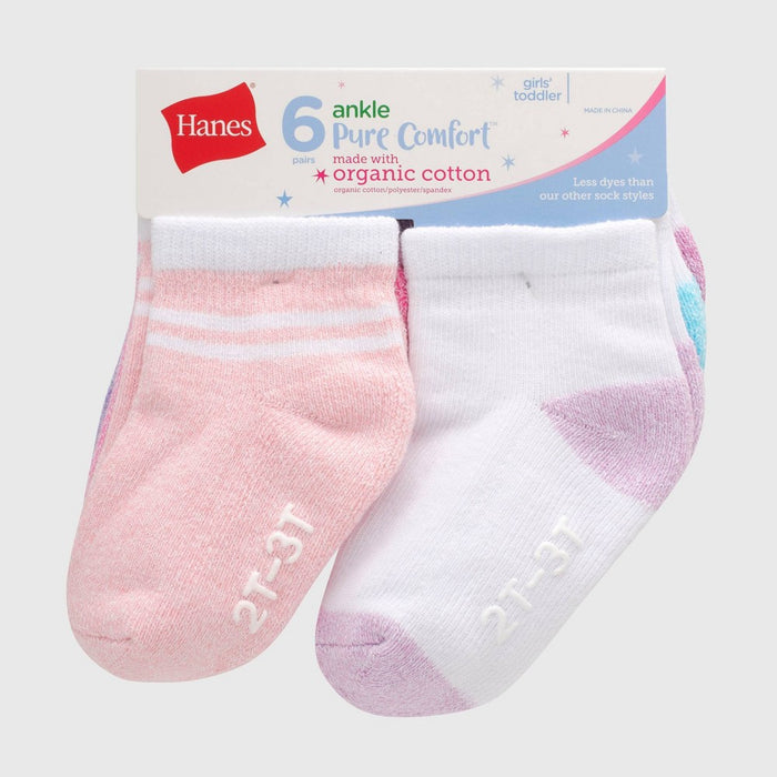 Hanes Baby Girls' 6pk PURE Comfort with Organic Cotton Solid Athletic Socks - Purple/Pink/Gray 12-24M