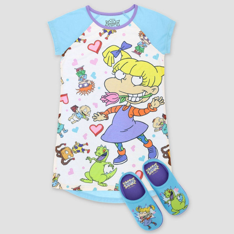 Girls' Rugrats NightGown with Slippers Pajama Set - Blue/White 10-12