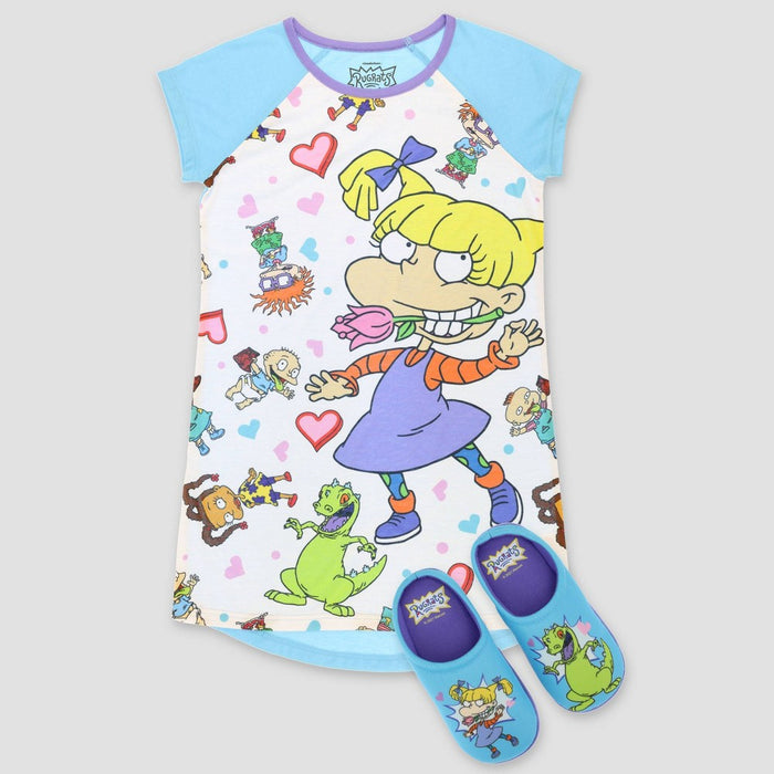 Girls' Rugrats NightGown with Slippers Pajama Set - Blue/White 10-12