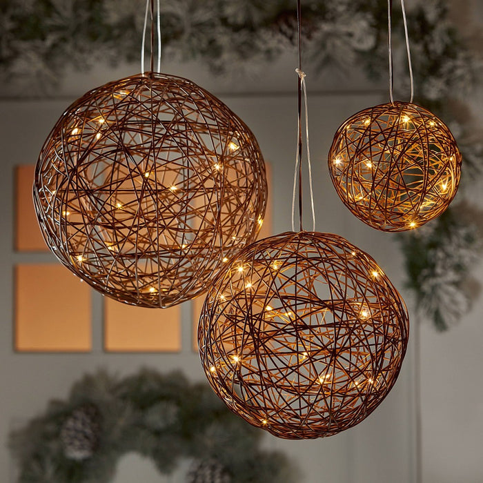 25ct Battery Operated Brown Faux Rattan Sphere Christmas Fairy String Lights Warm White with Brown Wire - Wondershop