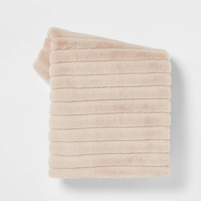 Textured Faux Fur Reversible Throw Blanket Neutral - Threshold