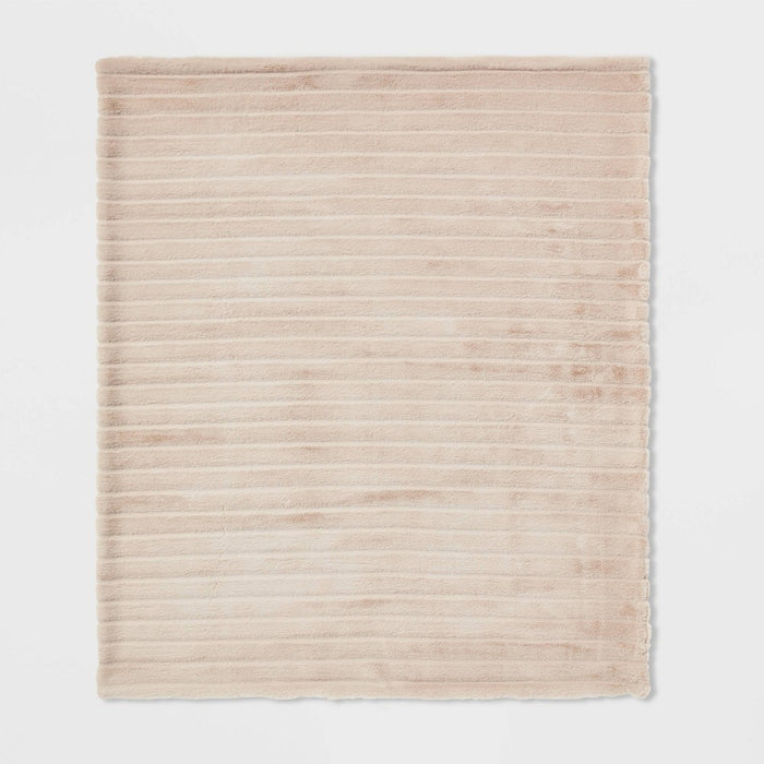 Textured Faux Fur Reversible Throw Blanket Neutral - Threshold