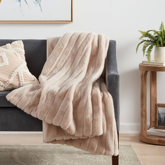 Textured Faux Fur Reversible Throw Blanket Neutral - Threshold