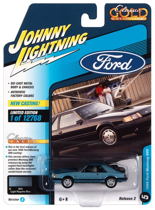 JOHNNY LIGHT 1:64 DIE CAST 1986 Ford Mustang SVO Light Regatta Blue Metallic