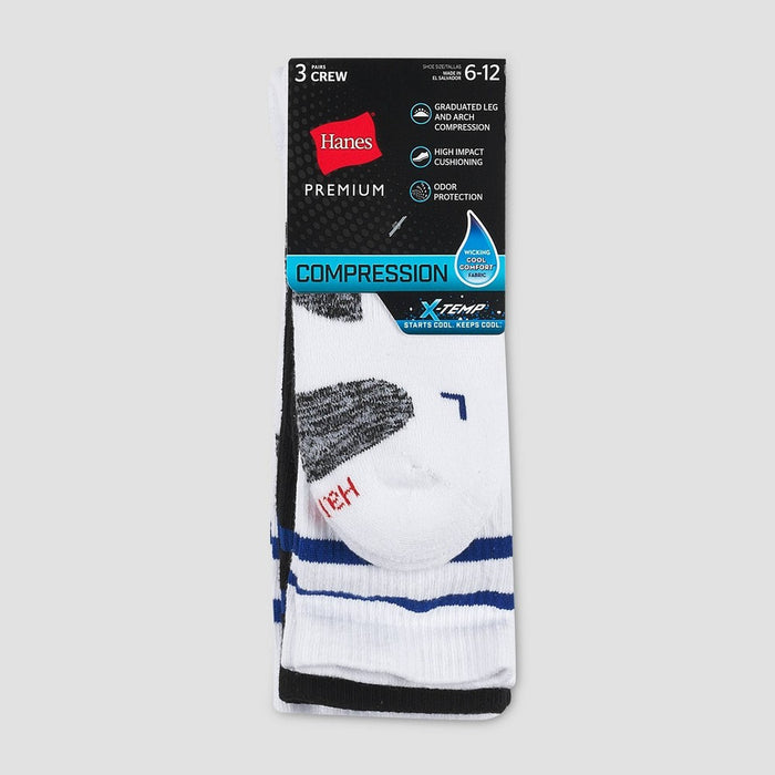 Hanes Premium Men's Compression Crew Socks 3pk - Black/White 6-12