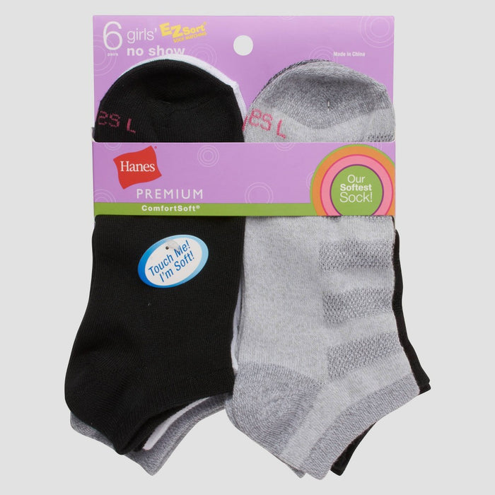 Hanes Premium Girls' 6pk No Show Solid Socks - Colors May Vary M