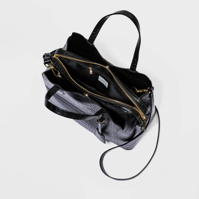 Alligator Print Triple Compartment Satchel Handbag - A New Day Black