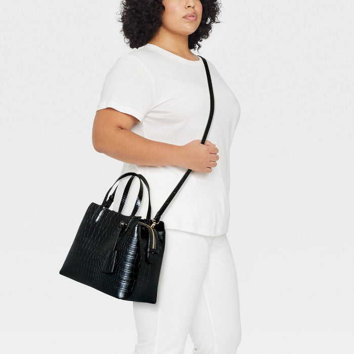 Alligator Print Triple Compartment Satchel Handbag - A New Day Black