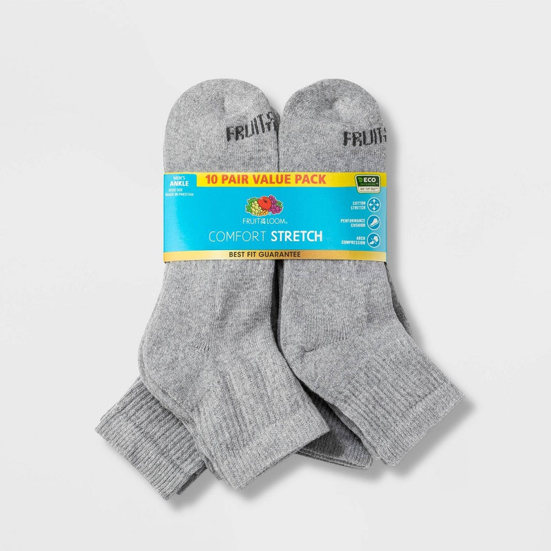 Fruit of the Loom Men's Comfort Stretch Ankle Socks 10pk - Gray 10-13