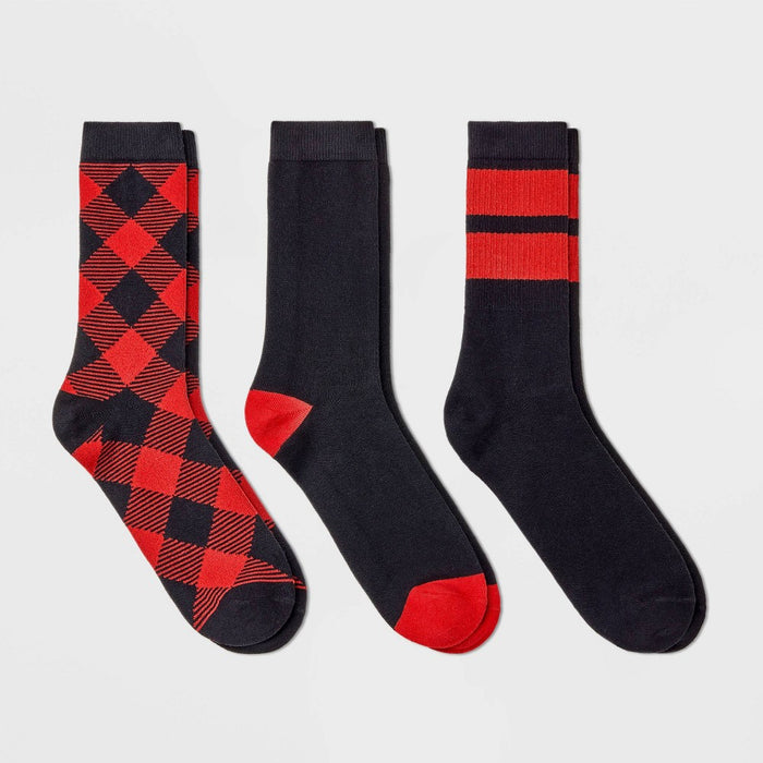 Men's Striped Plaid Crew Socks 3pk - Goodfellow & Co Red 6-12