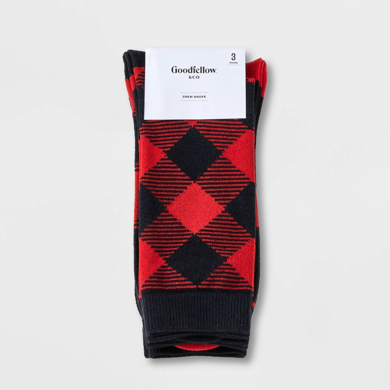 Men's Striped Plaid Crew Socks 3pk - Goodfellow & Co Red 6-12