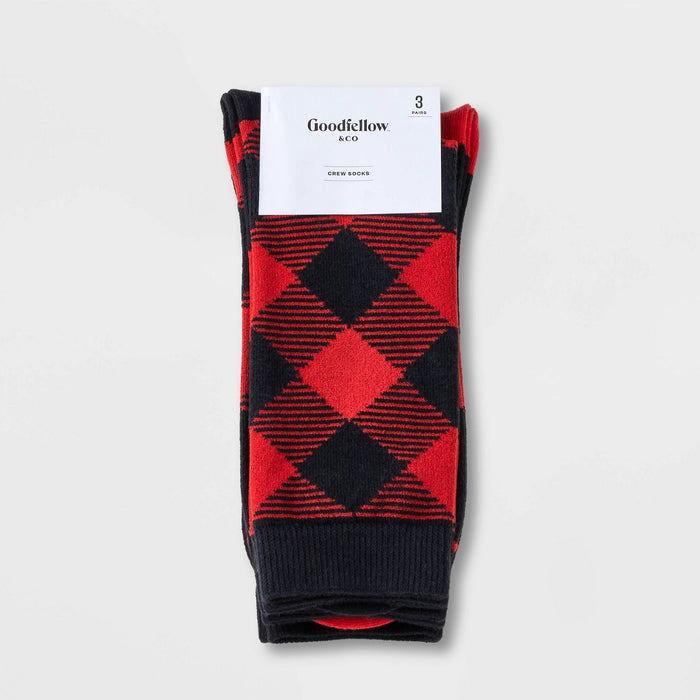 Men's Striped Plaid Crew Socks 3pk - Goodfellow & Co Red 6-12