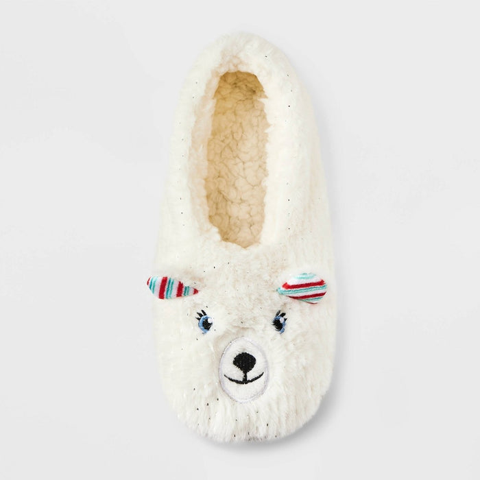Women's Polar Bear Faux Fur Pull-On Slipper Socks with Grippers - Wondershop White M/L