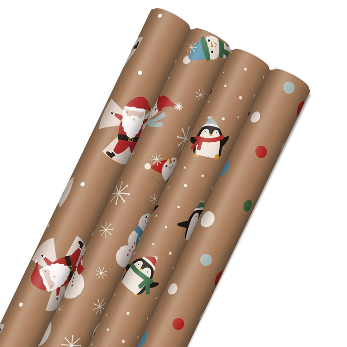 Hallmark Recyclable Kraft Christmas Wrapping Paper For Kids With Cut Lines On Reverse  Penguins, Santa, Snowmen, Polka Dots