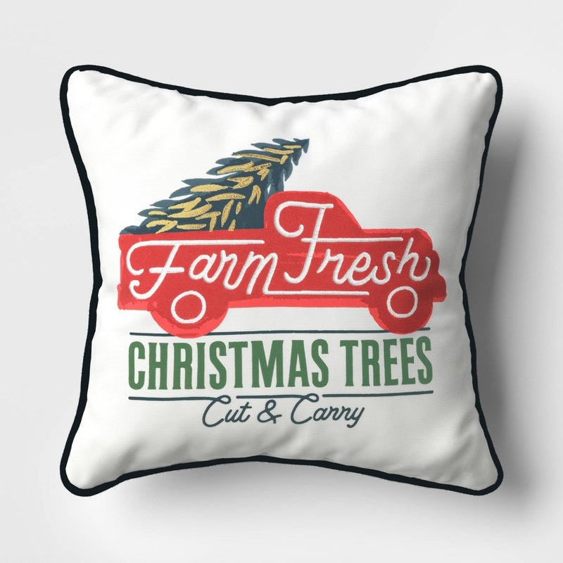 16"x16" Reversible 'Farm Fresh Christmas Trees' Truck to Plaid Square Throw Pillow White/Red/Blue - Wondershop