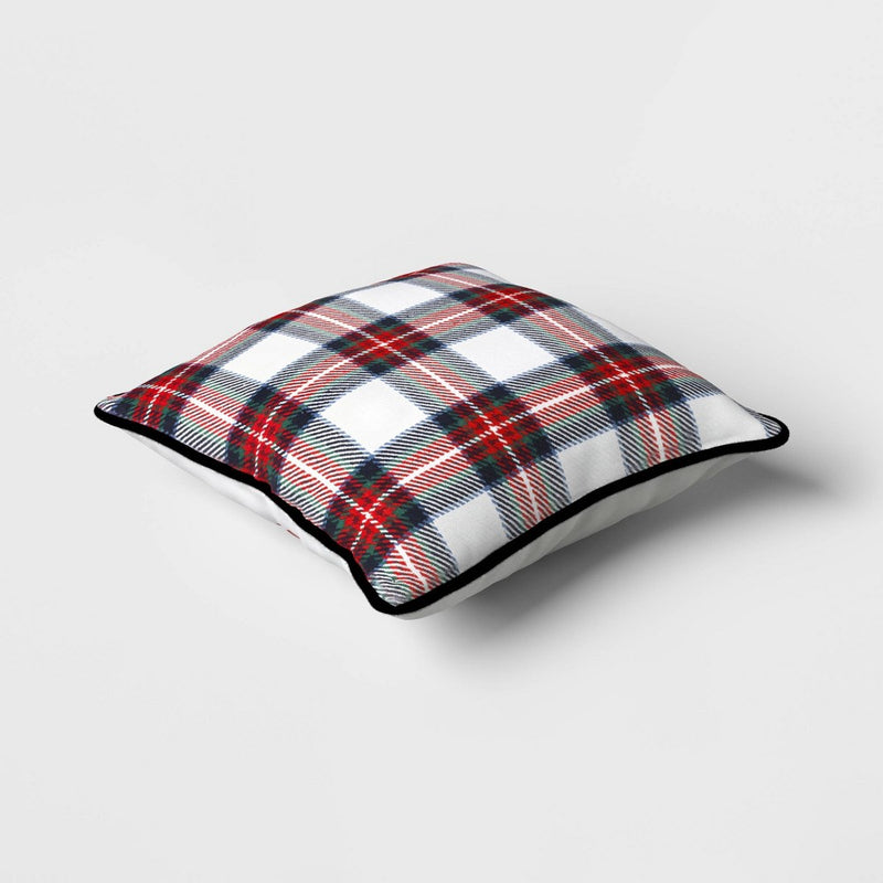 16"x16" Reversible 'Farm Fresh Christmas Trees' Truck to Plaid Square Throw Pillow White/Red/Blue - Wondershop