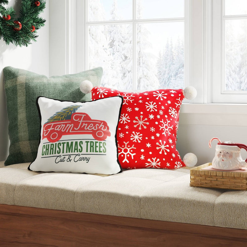 16"x16" Reversible 'Farm Fresh Christmas Trees' Truck to Plaid Square Throw Pillow White/Red/Blue - Wondershop