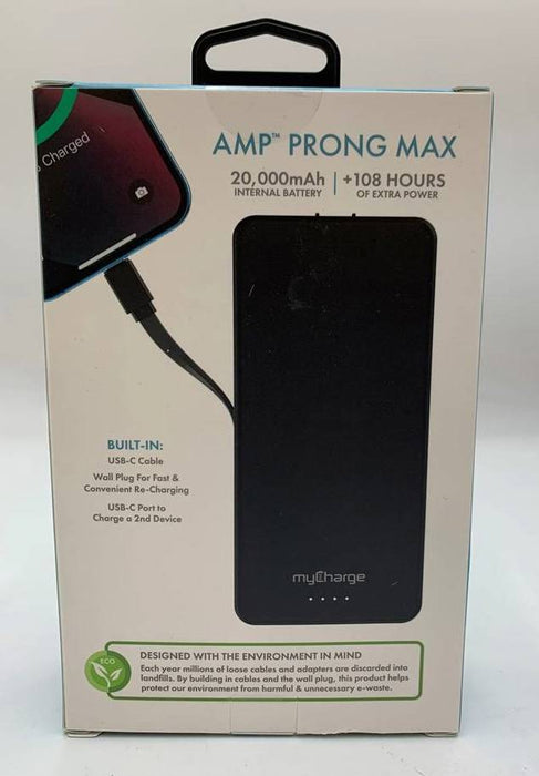 myCharge Amp Prong Max 20000mAh/12W Output Power Bank with Integrated Charging Cable - Black