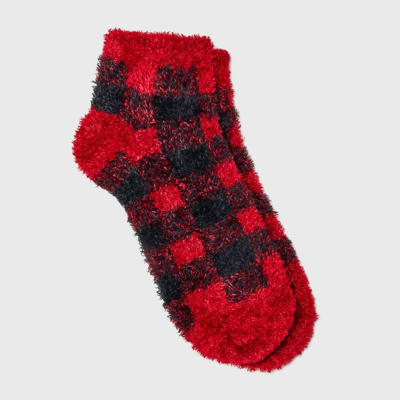Women's Buffalo Plaid Cozy Low Cut Socks - A New Day Red 4-10