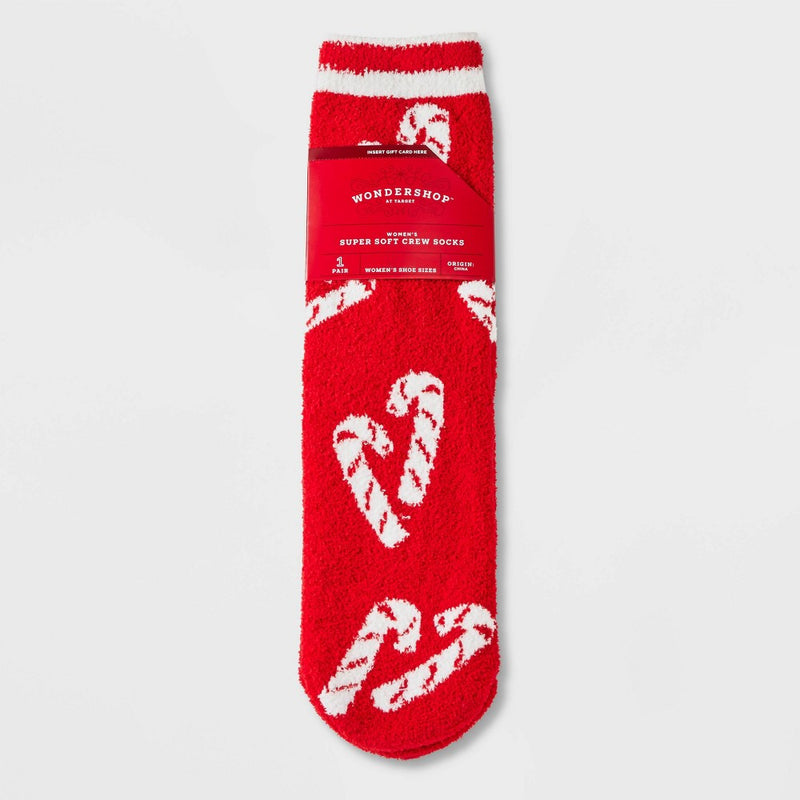 Women's Candy Cane 'Merry and Bright' Cozy Crew Socks with Gift Card Holder - Wondershop Red/White 4-10