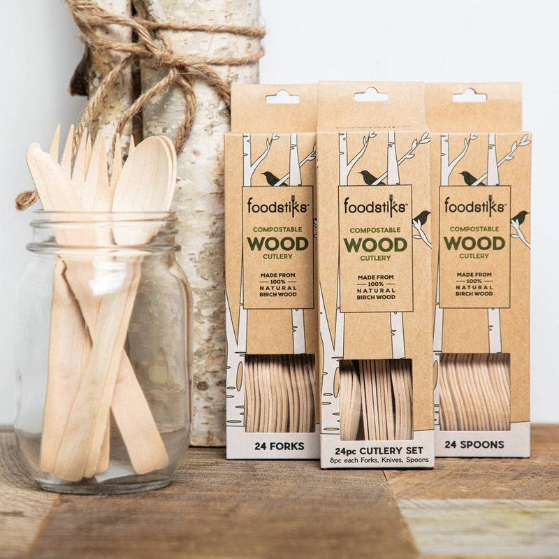 foodstiks Premium Compostable Disposable Wood Cutlery Forks - 24pc